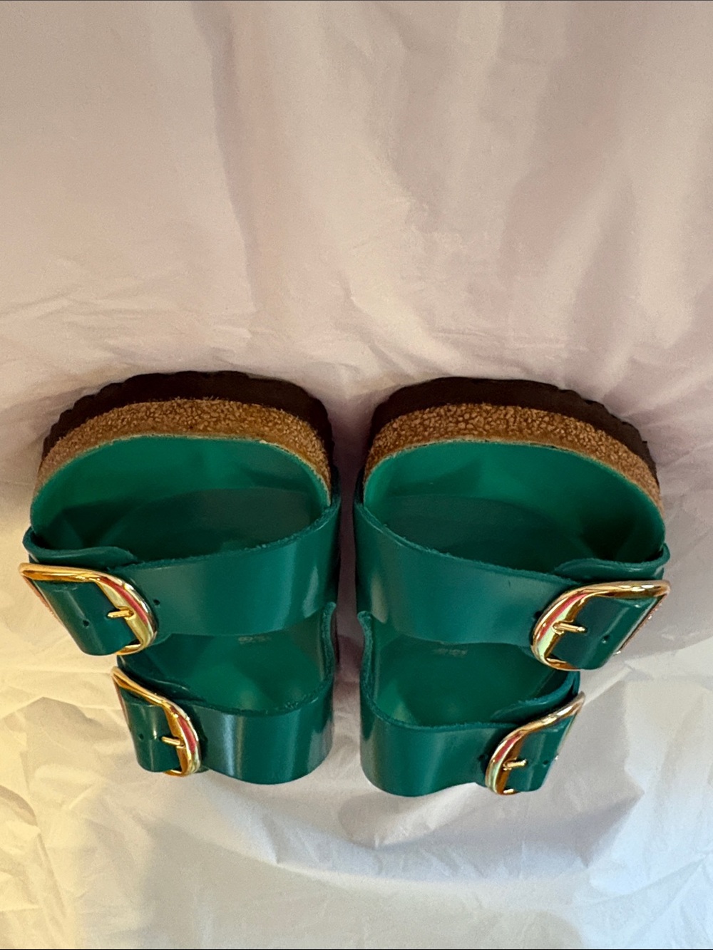 Birkenstock Arizona Two-Strap Slide Sandals in Teal with Gold Buckles - Picture 10 of 11
